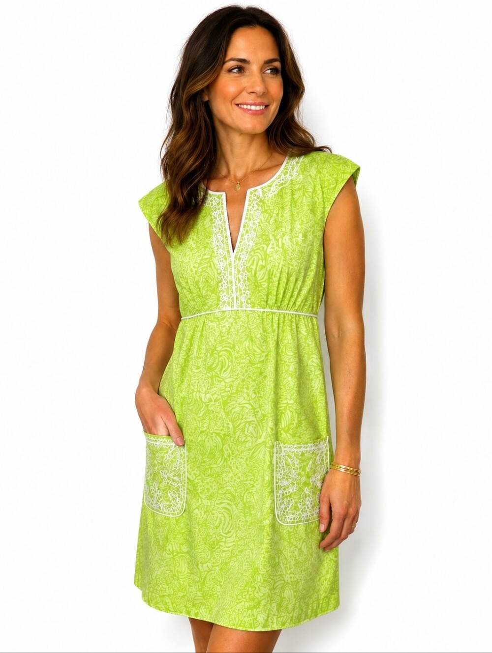Lilly Pulitzer Lime Green Cap-Sleeve Midi Dress with White Trim
